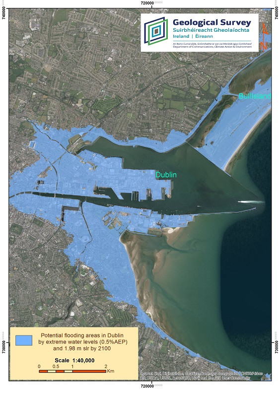 Potential flooding areas in Dublin projected by 2100 map