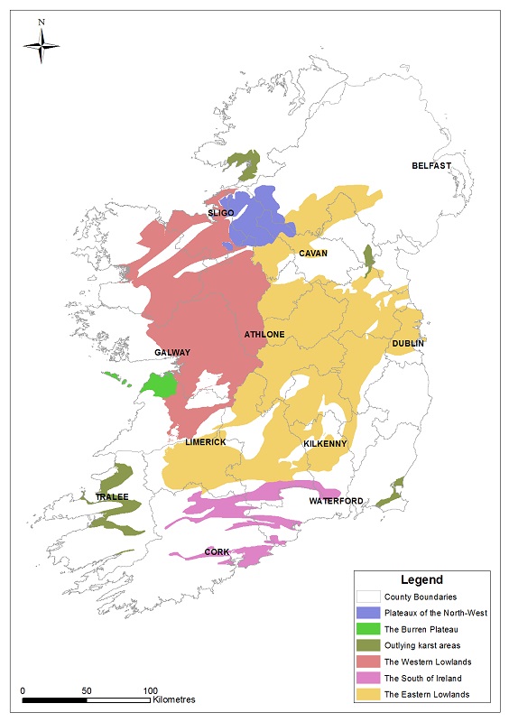 map showing the main karst regions in Ireland